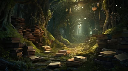 Keuken spatwand met foto Magical forest library, overgrown and abandoned fantastical book scene, abstract art, digital illustration © Badger