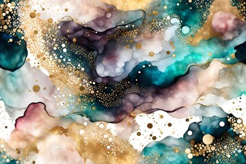 Elegant alcohol ink background with gold glitter elements