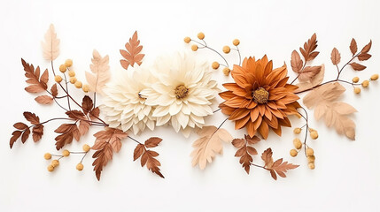 decoration with dried dahlia wildwood and leaves decoration and boho style - obrazy, fototapety, plakaty