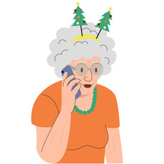 An old woman, a grandmother calls her grandchildren to congratulate them on Christmas