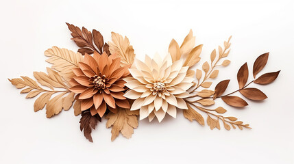 decoration with dried dahlia wildwood and leaves decoration and boho flower on white background - obrazy, fototapety, plakaty
