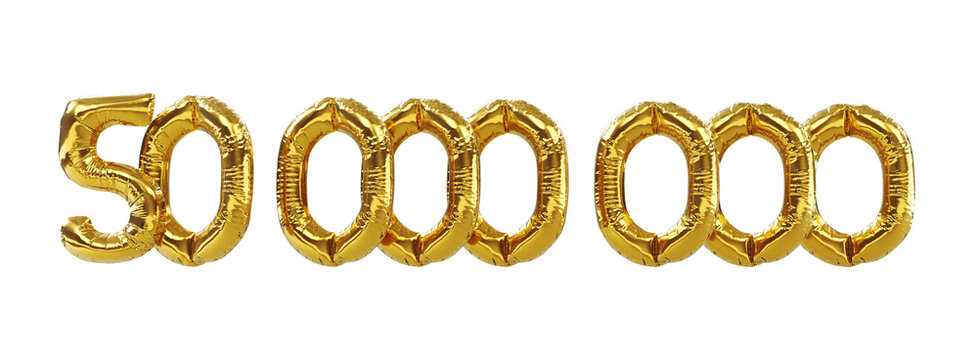 3D render of 50m or 50000000 followers thank you Gold balloons, fifty millions gold number balloons