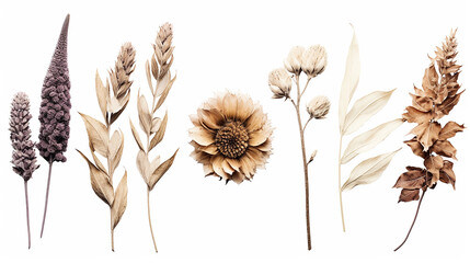dried daisy foxglove and leave decoration and boho style on white background - obrazy, fototapety, plakaty