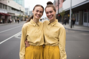 Twin sister girls smile happy face portrait on city street