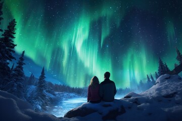 A couple watching aurora borealis northern lights in winter