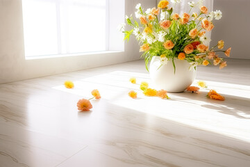 White vase with flowers on a beige floor in an empty room near the window. Side lighting, copy space.