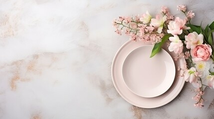 Obraz na płótnie Canvas A meticulous flat lay of a romantic wedding table setting, featuring delicate tableware and subtle decorations, providing a charming backdrop with ample empty space for text and design enhancements.