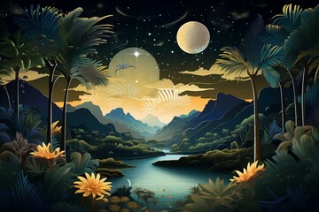 Nighttime view of a lush valley with lakes, surrounded by jungle. A peacock-shaped full moon shines among countless stars. Generative AI
