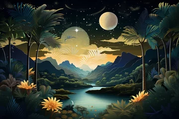 Fotobehang Nighttime view of a lush valley with lakes, surrounded by jungle. A peacock-shaped full moon shines among countless stars. Generative AI © Corin