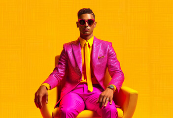 Male model sitting in an armchair in a pink suit, yellow wall, fashion photography, fashion, makeup