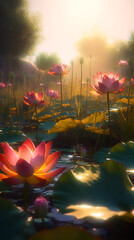 Obraz na płótnie Canvas Envision a 3D rendering showcasing vibrant lotus blossoms gracefully unfurling under the warm sunlight.