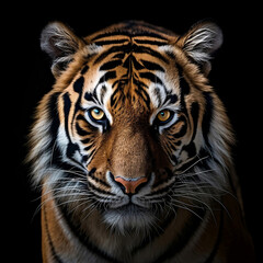 portrait of a tiger animal close up isolated for black background looking at camera