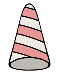 Festive hat. Color vector illustration. Cap with a pink and white spiral pattern. Cartoon style. To celebrate birthday. Isolated background. Idea for web design.