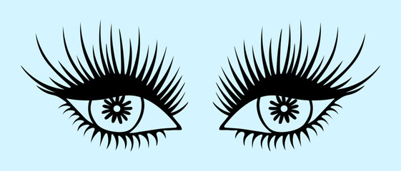 Intent female gaze. The eyelid is half closed. Seductive fox look. Lush black lashes. Sketch. Vector illustration. Doodle style. Outline on isolated blue background. Coloring book