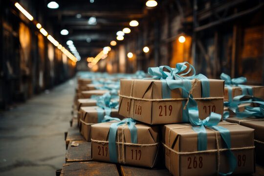 Boxes with blue ribbons in a warehouse. Ready for delivery. Successful business. Presents. Christmas. Package delivery. Delivery delays. Overwhelming demand.