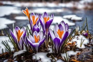 Crocus flowers blooming through the melting snow.