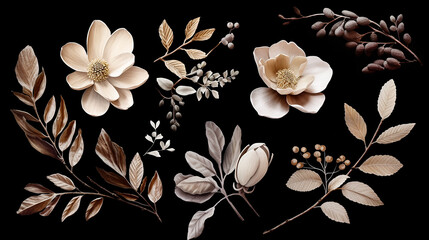 dried magnolia fawn and leave decoration and boho flower on black background