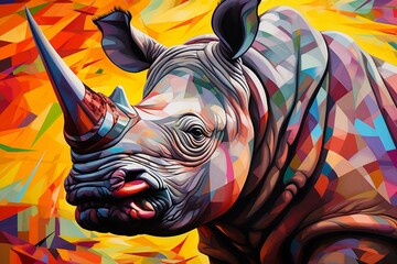 Vibrant backdrop featuring a unique rhino artwork. Generative AI