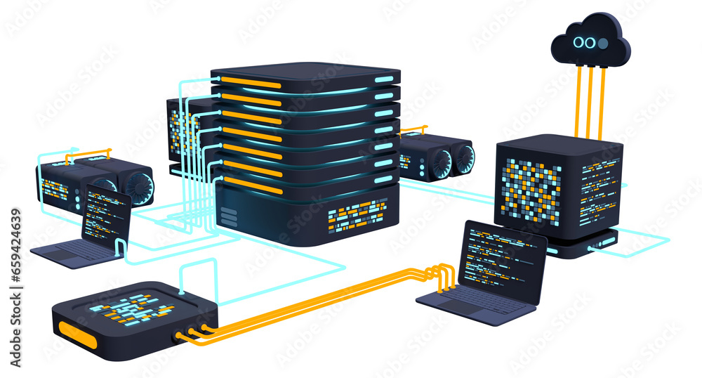 Poster computer technology 3d illustration. computation of big data center. cloud computing. online devices