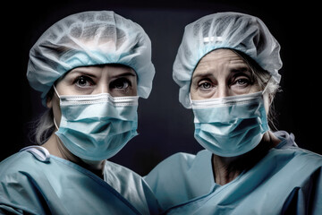 Portrait of two adult tired doctors, nurses in medical face masks, working a shift in clinic