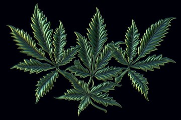 Green embroidered cannabis leaves on dark background. Generative AI