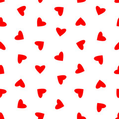 Seamless pattern of simple red hearts isolated on white for wrapping paper or fabric. Valentine's day holiday backdrop texture, romantic wedding design. Vector illustration.