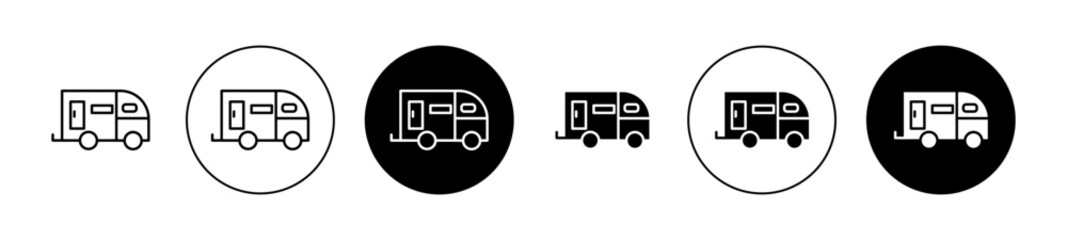 Caravan trailer Line Icon Set. Trip camp motorhome vector symbol in black filled and outlined style. - obrazy, fototapety, plakaty