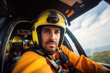 Portrait of a rescuer man inside the rescue helicopter - obrazy, fototapety, plakaty