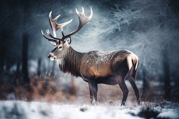 Winter magic: a Christmas deer in the snowy wilderness, festive wildlife: majestic deer in a winter wonderland. Generative AI
