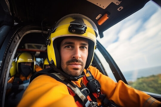 Portrait of a rescuer man inside the rescue helicopter