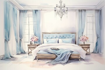 Artistic bedroom decor with watercolor style, luxurious ambiance, ideal for teens. Cozy, simple and peaceful interior background. Generative AI