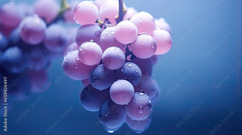 Poster a bunch of grapes hanging from a branch with water droplets. generative ai