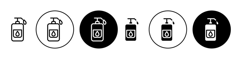 Liquid soap bottle Line Icon Set. Hand pump lotion vector symbol for UI designs. - obrazy, fototapety, plakaty
