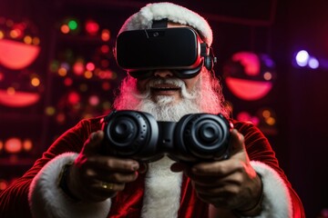 Santa Claus is playing video games on Christmas night.  computer and keyboard with lightsม Funny modern and gamer Santa Claus. Generative ai