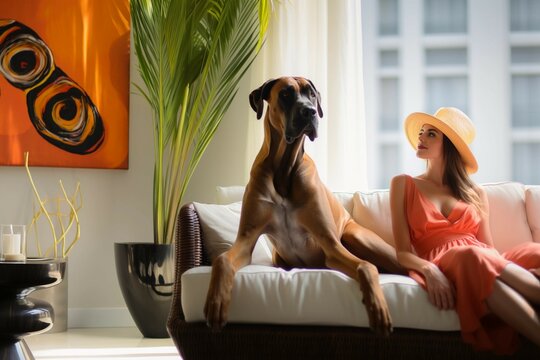 woman in red dress and a hat, with a dog, great dane, sitting in a fancy, artistic room, painting on the wall, full of light