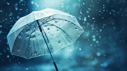 transparent umbrella under rain against water drops