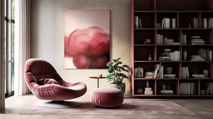  a living room with a pink chair and a pink ottoman.  generative ai