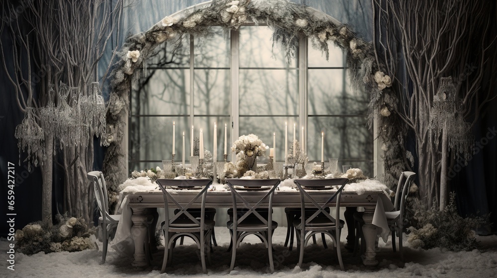 Poster a dining table with a white table cloth and chairs and a large window. generative ai