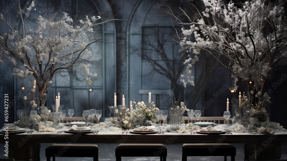 Poster a table with a bunch of flowers and candles on it. generative ai