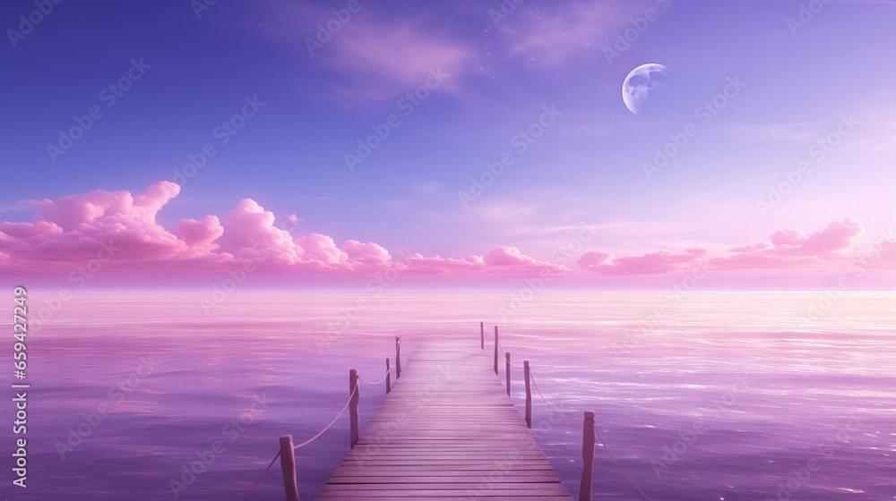 Poster a pier extending into the ocean with a parachute flying over it. generative ai
