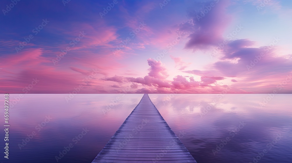 Poster a long dock extending into the ocean under a cloudy sky. generative ai