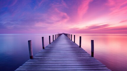 Obraz premium a long dock extending into the ocean at sunset with a pink sky. generative ai