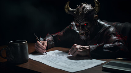 The devil Signing a contract in his office. - obrazy, fototapety, plakaty