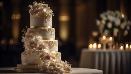Luxury wedding cake illuminated by candlelight generated by AI