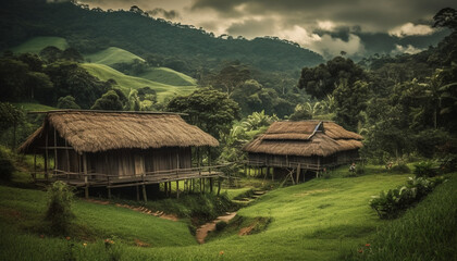 Fototapeta na wymiar Green hut on rice paddy in rustic mountain landscape generated by AI