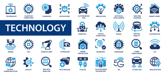 Technology flat icons set. Robot, biometric, 5g, innovation, smart, blockchain. Flat icon collection.