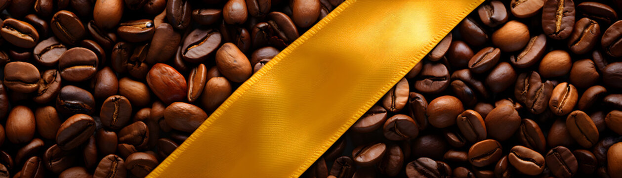 un arrière-plan rempli de grains de café avec un ruban doré qui traverse l'image en diagonale - bannière web