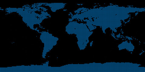 Earth map made out of blue circles in black background. Image texture for graphics design or video projects. 
