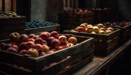 Abundant harvest of fresh organic fruit in large wooden crate generated by AI