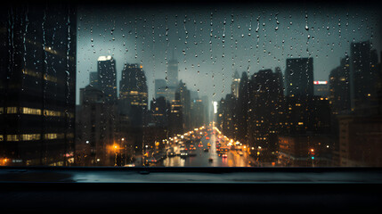 View through a rain splattered window onto a bleak city